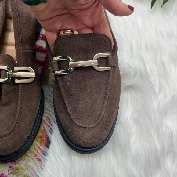 Kelly & Katie Brown Gold Chain Buckle Chunky Platform Leather Loafers 9 - Picture 3 of 11
